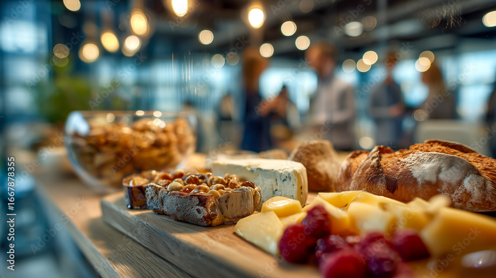 Fototapeta premium Assortment of breads, cheeses, and berries artfully arranged on a wooden board, ready to serve at a gathering or event.