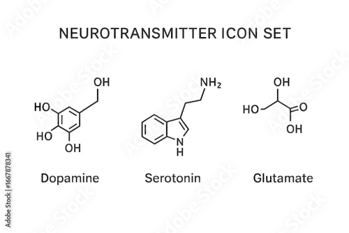 Neurotransmitter icon set with dopamine, serotonin, glutamate chemical formulas. Molecular structures for brain chemistry, hormones, neurology, and mental health concepts.