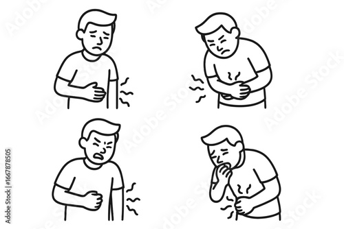 Stomach Pain and Ache Line Vector Icon Design Illustrating Various Abdominal Discomfort Positions and Reactions, Digestive Issues, Men Experiencing Pain Symptoms, Transparent Background