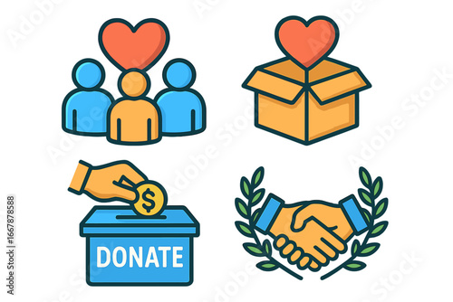 Symbols of Community Engagement, Mutual Support, Charity Donation, and Social Unity with Handshake, Heart, People, and Donate Box Vector Cartoon Illustration with Transparent Background