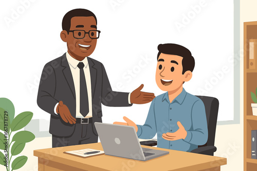 Professional Interaction Between Mentor and Mentee in Modern Office Setting During Daytime, Business Discussion, Coaching, Teamwork, Office Work, Vector Cartoon Illustration