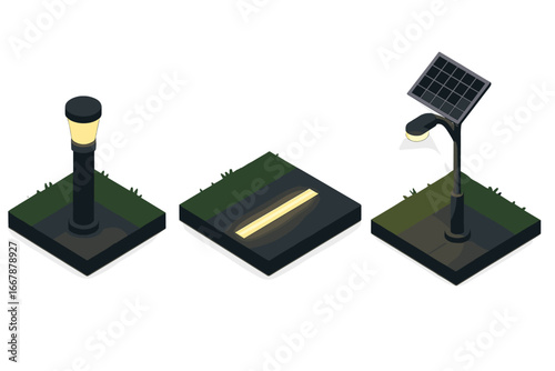 Night street and park illumination icons. Isometric vector set of sidewalk lighting elements: bollard lamp, ground LED strip, and modern solar panel street light.