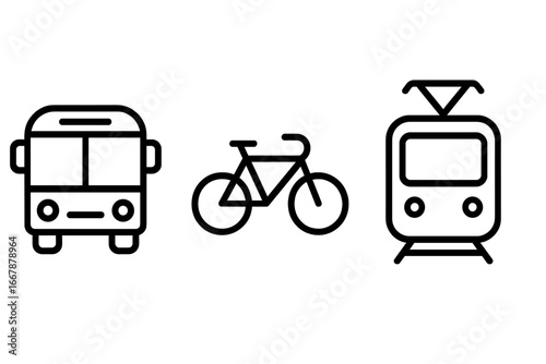 Public transport vector icons featuring bus, bicycle, and tram line designs for urban mobility, sustainable travel, city transit illustration, transport and commute concept, cartoon style