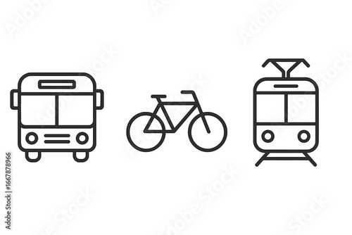 Urban public transport and eco-friendly mobility icons set featuring bus, bicycle, and tram line vector illustrations for sustainable city commuting and active lifestyle