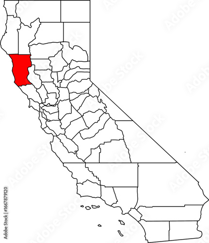 Map of California highlighting Mendocino County. Ideal for projects on its rugged coastline, redwood forests, wine region, and the Anderson Valley.