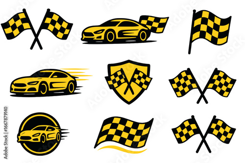Racing symbols and designs featuring dynamic black and yellow checkered flags and sleek sports cars, vector cartoon illustration set with transparent background, high-speed motorsport icons
