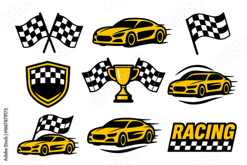 Racing icons and symbols set featuring checkered flags, sports cars, trophy, and racing shield in dynamic black and yellow vector cartoon style with transparent background
