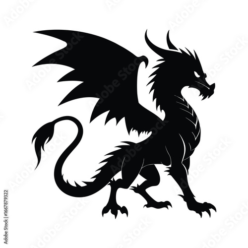 Majestic silhouette of a fierce dragon with spiked wings and a long curled tail standing proudly on a white background