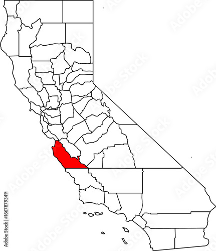  Map of California highlighting Monterey County. Perfect for projects on its iconic coastline, Salinas Valley farmlands, and landmarks like Big Sur.