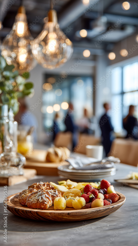 Healthy breakfast spread of pastries and fresh fruit on a wooden platter, in a bright office setting. Healthy breakfast spread of pastries and fresh fruit on a wooden platter, in a bright office setting.