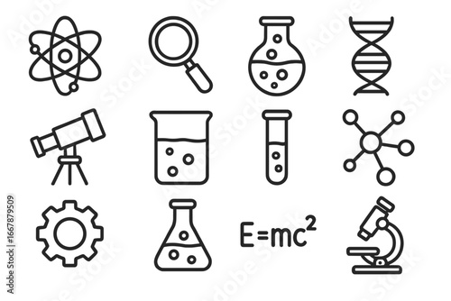 Set of line style web icons illustrating scientific concepts, tools, and education elements for digital use, vector cartoon illustration with transparent background, science and technology symbols