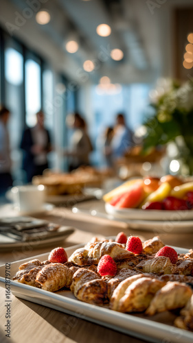 A spread of pastries and fruits create a breakfast or brunch buffet in a sunlit room full of people, for a corporate or social event.