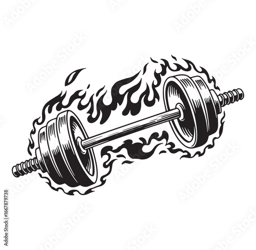 Fiery barbell vector illustration depicting strength and passion for weightlifting and fitness