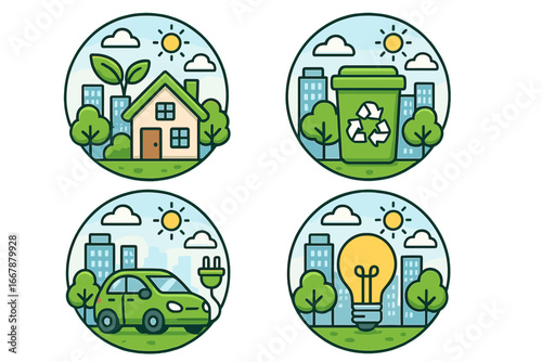 Sustainability icons representing eco-friendly urban living, green housing, recycling, electric vehicles, and energy-saving light bulbs during daylight in city environments. Vector cartoon set.
