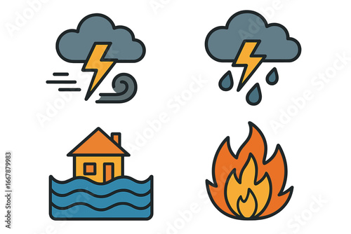 Various natural disaster icons depicting storms, floods, wildfires, lightning, and severe weather in minimalist vector cartoon style with transparent background ordered set 3