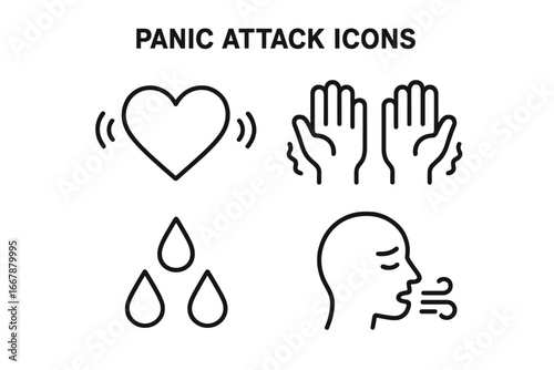 Panic attack symptoms icon set. Vector line art icons for anxiety, stress, fear. Pounding heart, trembling hands, sweating, shortness of breath. Mental health concept.