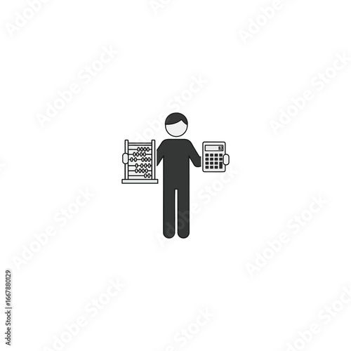 A simple illustration of a person holding an abacus and calculator.
