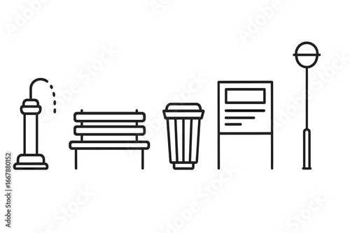 Park amenities and city elements icon set. Urban infrastructure and public space line art symbols. Vector collection of bench, trash bin, info board, street lamp, water fountain.