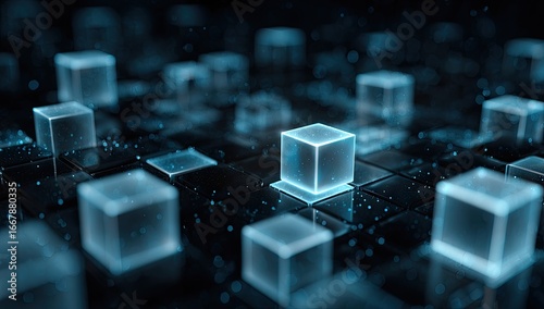 Data cubes glow above dark surface; abstract networking tech background use