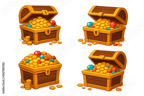Treasure chests overflowing with gold coins and colorful gemstones, digital cartoon vector illustration symbolizing wealth, fortune, adventure, and treasure hunt concept