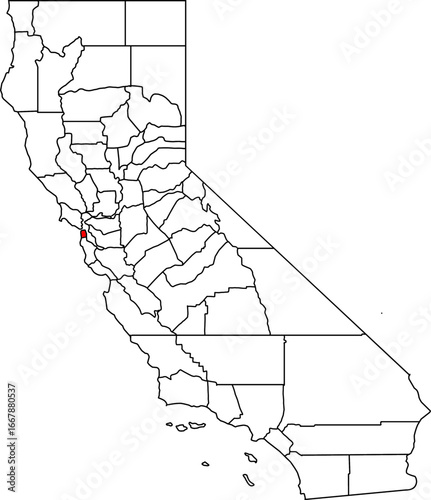  Map of California highlighting San Francisco County. Perfect for projects on its iconic landmarks, bustling urban environment, and coastal geography.