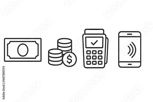 Payment methods outline icon set. Cash, coins, credit card terminal, mobile phone payment icons. Finance, transaction, purchase, and banking concepts. Vector line art symbols.