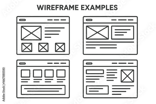 Website design wireframe layout concepts for modern user interfaces, showcasing clean minimalist wireframe examples, digital UI blueprint, website mockups, vector cartoon illustration set