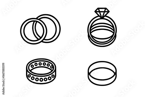 Wedding Ring Icon Set, Outline Vector of His and Hers Bands, Matching Stackable Rings, Eternity Bands, Simple Elegant Jewelry Symbols for Wedding and Engagement Concepts