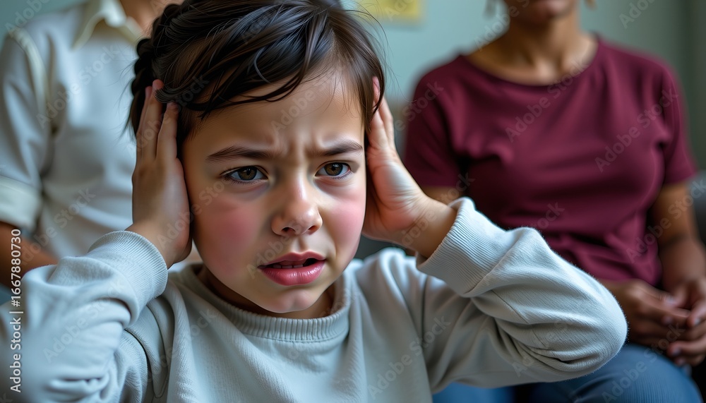 A close-up of a young child covering his ears with both hands while adults talk in the background, suggesting family conflict, a noisy environment, and emotional stress. A close-up of a young child covering his ears with both hands while adults talk in the background, suggesting family conflict, a noisy environment, and emotional stress.