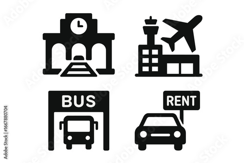 Urban Mobility Icons Grid, Solid Filled Vector Icon Set of Transportation Hubs Including Train Station, Airport Terminal, Bus Depot, Car Rental, City Travel Infrastructure Symbols