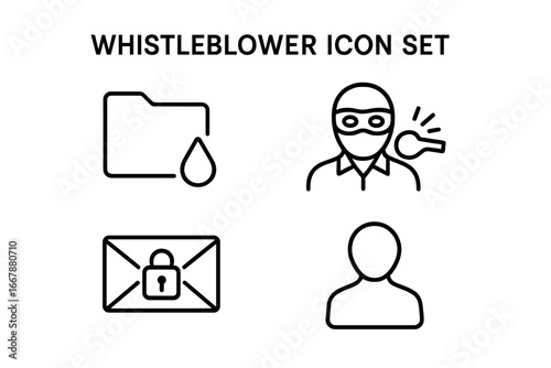Whistleblower icon set outline collection, masked figure whistleblower, leaking folder with drop, secure email envelope with lock, anonymous user silhouette, transparency vector illustration
