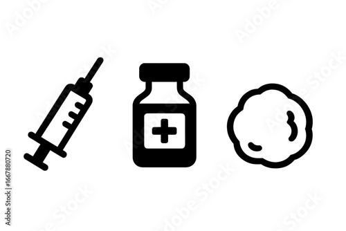 Vaccination tools icons set, solid filled vector symbols of injection syringe, vaccine vial, cotton ball for medical and healthcare concepts, immunization process illustration