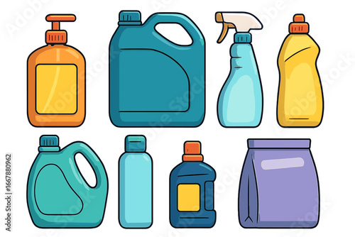 Various Plastic Containers and Bottles for Household Cleaning Products Displayed in a Neat Layout on White Background, Vector Cartoon Illustration with Transparent Background