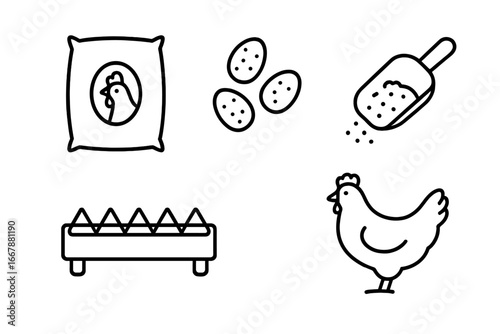 Poultry feeding icon set. Vector line art for farming, agriculture. Chicken, hen, feed sack, corn, grain scoop, trough feeder. Farm animal care, husbandry concept.