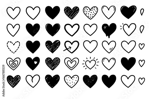 Vector illustration of 40 unique hand-drawn heart icons in black and white, varying in outline, fill, sketch style, playful minimal design, love symbols, romance elements, doodle set