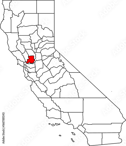 Map of California highlighting Solano County. Ideal for projects on the San Francisco Bay Area, the Sacramento River Delta, and its diverse cities