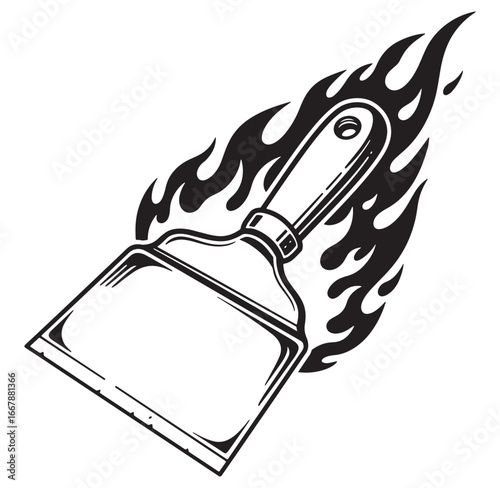 Graphic illustration of a fiery spatula vector art in bold black and white design