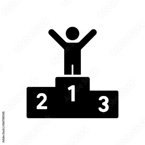 Person Standing on Winners Podium with Arms Raised Celebrating Victory