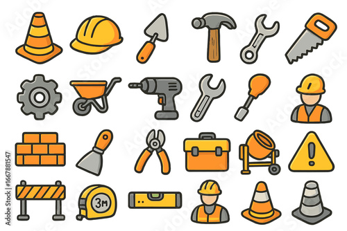 Vector line icon set showcasing construction tools, safety equipment, and mechanical devices in modern cartoon style with transparent background, digital and industrial design elements