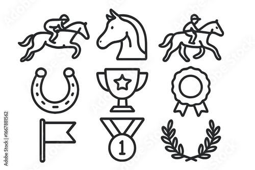 Minimalistic vector illustration of equestrian symbols representing horse racing events, achievements, jockey and racehorse icons, clean cartoon style with transparent background