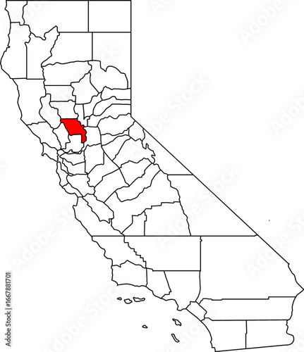 Map of California highlighting Yolo County. Ideal for projects on the Sacramento Valley, its rich agricultural land, and cities like Davis and Woodland