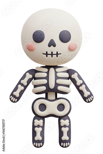 A cute, cartoonish skeleton figure with a large head, smiling face, and simplified skeletal features, designed in a playful style.