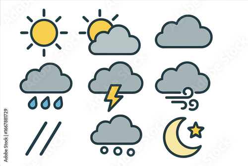 Minimalistic Weather Elements with Simple Icons Representing Various Atmospheric Conditions, Vector Cartoon Illustration with Transparent Background for Weather Forecast and Climate Design