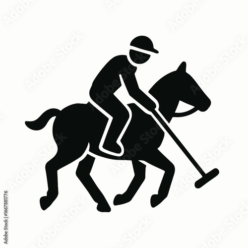 Silhouette of a person riding a horse playing polo with a mallet