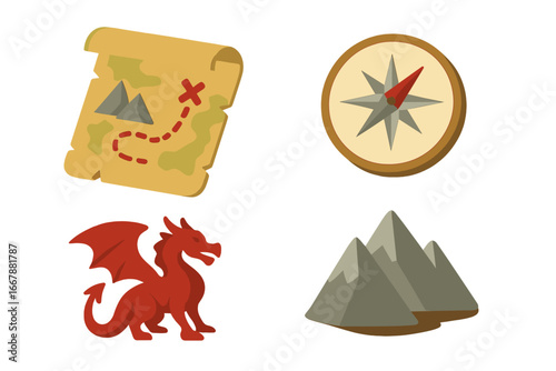 Quest map icon set. Fantasy adventure game assets. Isometric vector illustration. Exploration parchment map, treasure scroll, compass, dragon, mountain icon for RPG design.