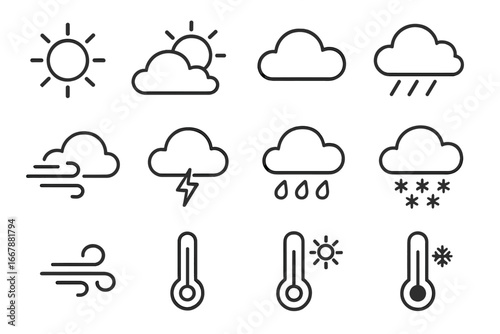 Weather icons displaying various atmospheric conditions and temperature indicators in a simple line vector style, vector cartoon illustration set with transparency