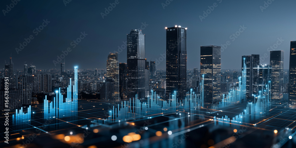 Obraz premium Fintech innovations urban skyline data visualization nighttime cityscape exploring crypto regulations and their future impact