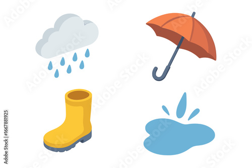 Rain icon collection. Isometric flat vector icon set with cloud, light rain, drizzle, umbrella, rain boot, and puddle splash. Autumn weather concept. Meteorology symbols design.