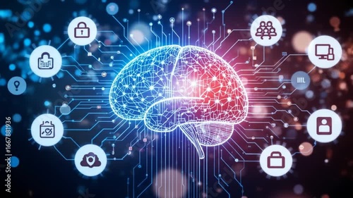 Wallpaper Mural Artificial intelligence ecosystem concept showing digital brain and connected icons, symbolizing cloud computing, data processing, machine learning, automation, and cybersecurity. 4k video Torontodigital.ca