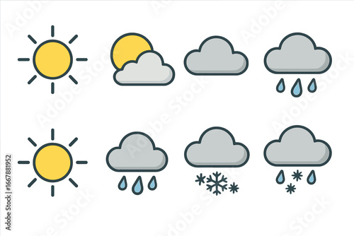 Minimalistic Weather Icons Set Showing Sun, Clouds, Rain, Snow, and Mixed Conditions Vector Cartoon Illustration with Transparent Background for Forecast and Climate Design